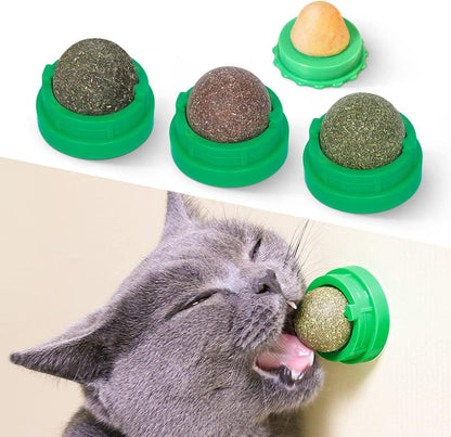 Catnip Toys Balls 4 Pcs, Extra Cat Energy Ball, Edible Kitten Silvervine Toys, Healthy Kitty Teeth Cleaning Dental Chew Toys, Cat Wall Treats